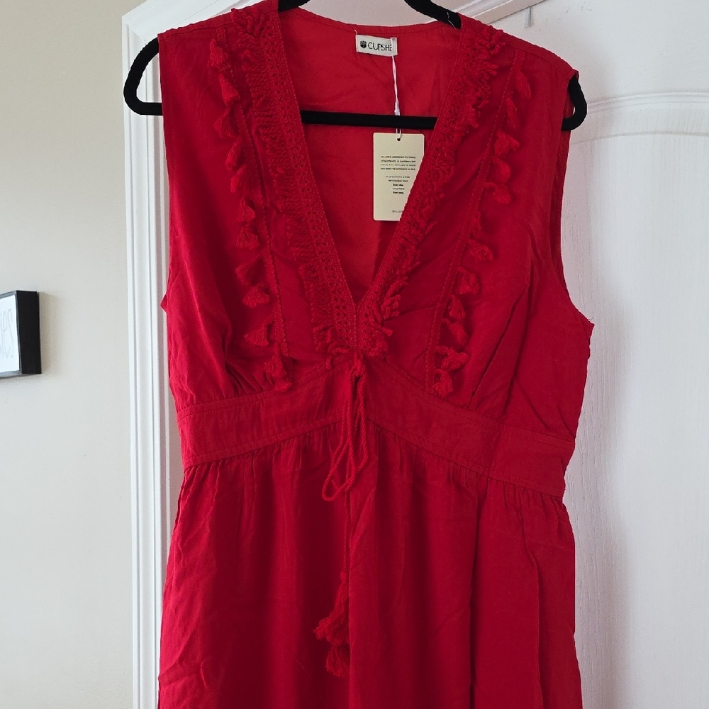 Cupshe Red V-Neck Sleeveless Dress with Tassel Tie New With Tags